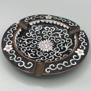 Vintage Cloisonne Ashtray Black Enamel Over Brass with White Floral Design