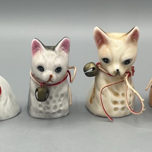 Set of 4 Cat with Bells Ceramic Figurines Vintage 1950s Japan