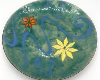 Blue Enamel Over Copper Decorative Plate with Bright Floral Design, Vintage Enamel Art