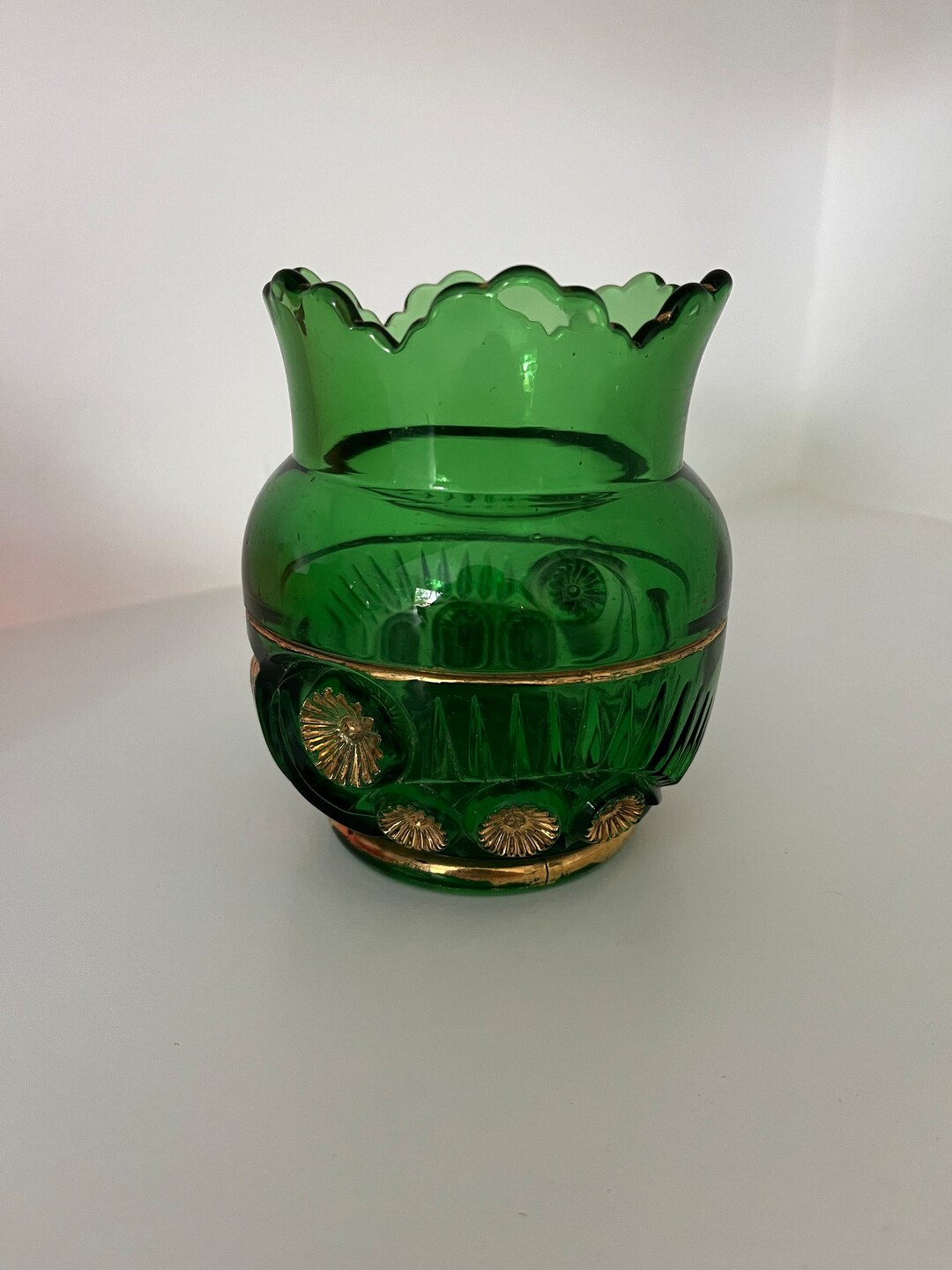 Vintage Green Small Glass Vase With Gold Trim Etsy