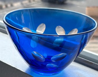 Vintage Cobalt Cut to Clear Crystal Bowl, Vibrant Blue Art Glass Dish, 5.5” Diameter