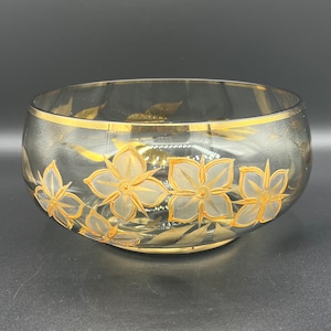 Glass Bowl with Hand Painted Gold Flowers and Leaves