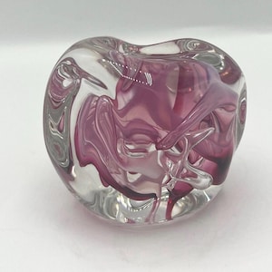 Freeform Glass Paperweight, Pink and Clear Swirl, Abstract Glass, Signed Brian Lonsway, Vintage