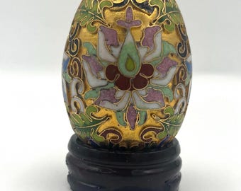 Cloisonne Floral Egg Enamel Over Brass with Flowers on Stand