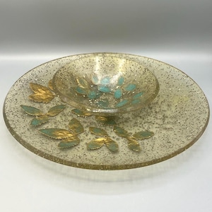 Vintage Mid-Century Lucite Chip and Dip Set,  Gold & Teal Leaf Inclusion, Atomic Era Party Serving Dish