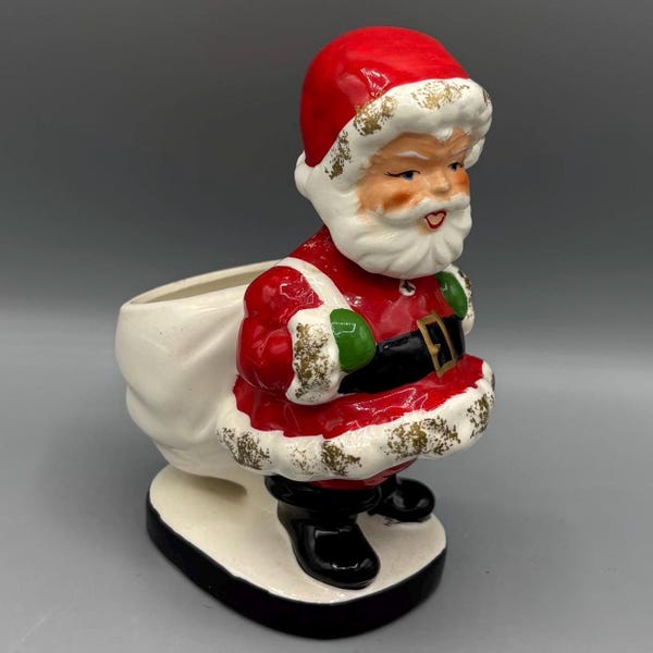 Vintage Ceramic Nodder Santa Planter, Made in Japan, Mid Century Christmas Decor, Retro Holiday Bobble