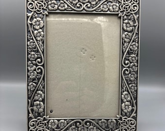 Ornate Art Nouveau Style Pewter Floral Picture Frame with Scroll Detail,  Holds 5x7 Photo