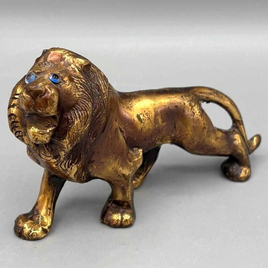 Vintage Brass Lion Figurine With Blue Acrylic Eyes 5”, Regal Gold ...