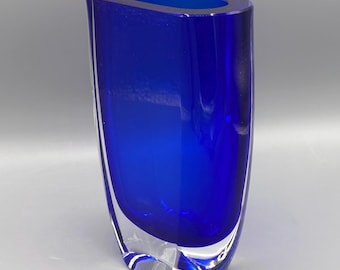 Vintage San Carlos Sommerso Cobalt Blue Block Crystal Vase, Hand Blown Argentine Art Glass, 6” Mid Century Modern Minimalist
