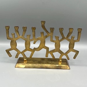 Mid Century Modern Brass Hanukkah Menorah, Dancing Men Design,  9 Candle Holder, Vintage
