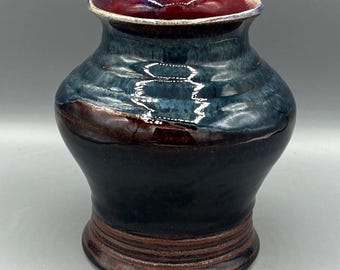 Handmade Studio Pottery Vase, Blue & Brown Drip Glaze 5” Tall, Small Ceramic Planter