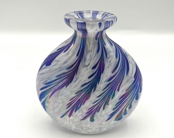 Iridescent Glass Pulled Feather Perfume Bottle 4” Without Stopper, Blue, Purple, White Bud Vase