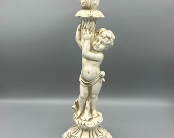 Vintage Cherub Candleholder, Ivory Porcelain Angel Taper Holder, Marked Carraro, Made in Italy