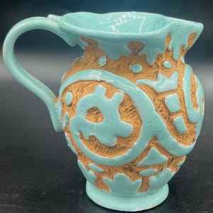 Sgraffito Style Turquoise Italian Pitcher Pottery