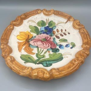 Hand Painted Floral Glazed Terracotta Italian Wall Hanging with Woven Edge, Made in Italy, Colorful Italian Pottery Plate