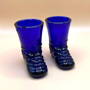 Pair of Cobalt Blue Glass Boot Shot Glasses, Toothpick Holders, Vintage Glass