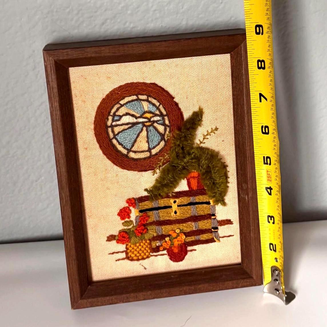 Vintage Crewel Embroidery Framed Wall Art, Floral Fern Plant Needlework ...