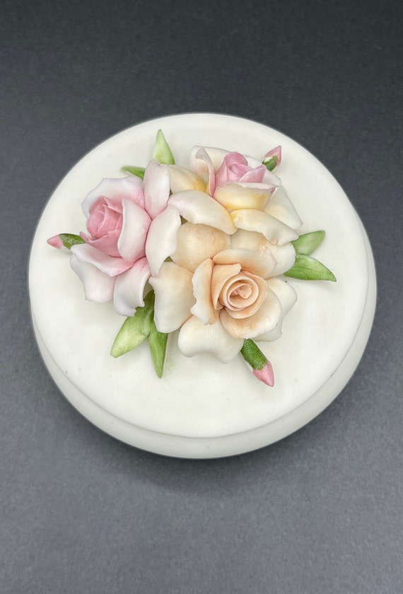 Capodimonte Bisque Flower Floral Covered Trinket … - image 3