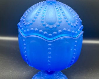 Blue Satin Glass Lidded Footed Candy Dish