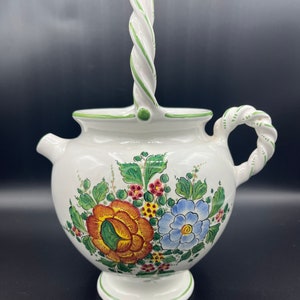 Vintage Deruta Italy Hand-Painted Ceramic Pot with Twisted Handle – Floral Majolica Italian Pottery