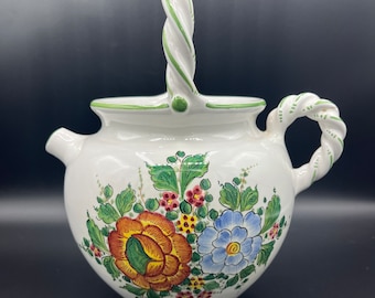 Vintage Deruta Italy Hand-Painted Ceramic Pot with Twisted Handle – Floral Majolica Italian Pottery