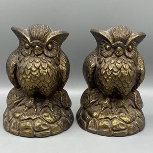 Gold Toned Owl Metal Bookends, Vintage Owl Decor