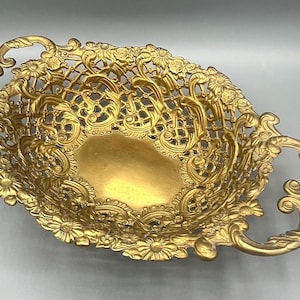 Brass Intricate Filigree Bowl, Two Handle Art Nouveau Style Open Work,  Vintage