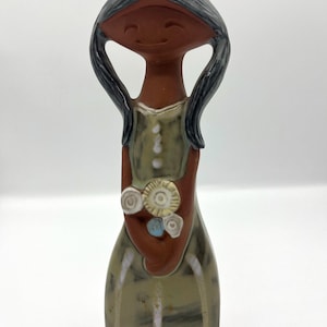 Stoneware Woman with Flowers Figurine, 1960s, Made in Japan, Vintage