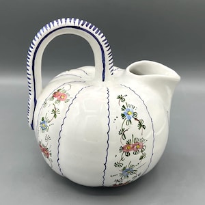 Vintage Italian Pumpkin Pitcher, Castelli Pottery by L. Pardi, Floral Pottery Made in Italy