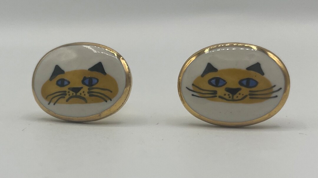 Boutons De Manchette (cufflinks) Design Années 50 En Porcelaine Par Victoria Flemming - Style Asiatique, Multi-couleurs