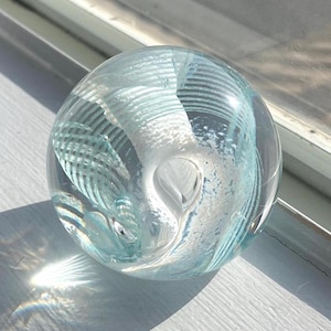 Caithness Scotland Trapeze Design Paperweight – Blue & White Swirls, Vintage Blown Glass Art