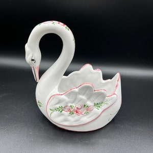 White Porcelain Hand Painted Swan Planter,  Made in Portugal, Swan Trinket Dish, Vintage