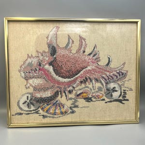 Vintage Framed Shell Needlepoint Art, Nautical Sea Shell & Crab Design, Coastal Beach Décor, Hand-Stitched Embroidery, 1980s Wall Art
