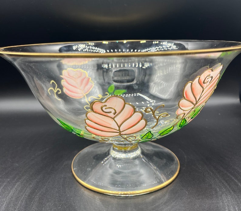 Vintage Clear Glass Compote Bowl With Hand Painted Flowers Gold Detail ...