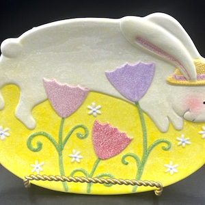 David Walker for Enesco 1999 Rabbit Plate, Bunny Shaped Easter Plate, Spring Dish