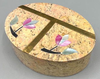 Vintage Soapstone Trinket Box: Brass & Mother of Pearl Floral Inlay