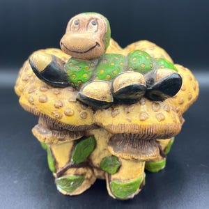 Vintage Worm and Mushroom Planter Yellow and Green, 1960s Kitschy Art, Hand Painted Pot