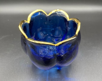 Cobalt Blue Footed Glass Tulip Dish with Gold Rim