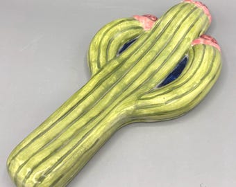 Vintage Ceramic Cactus Spoon Rest 9”, Hand Painted Desert Kitchen Decor, Southwestern Boho Cooking Accessory