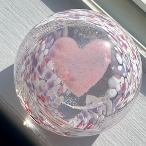 Blown Glass Paperweight with Pink Heart and White & Pink Confetti Design, Handmade Art Glass