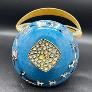 Vintage Israeli Brass Hand Painted Enamel Painted Bowl Incense Burner