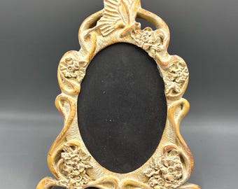 Art Nouveau Style Whitewashed Wooden Picture Frame with Butterfly & Floral Motif, Vintage Oval Frame, Tabletop Décor
