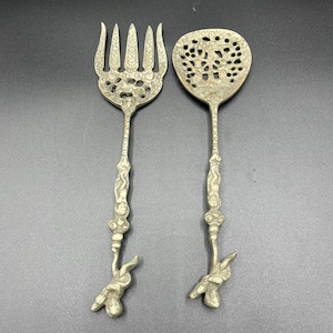Vintage Brass Cherub Serving Fork and Spoon