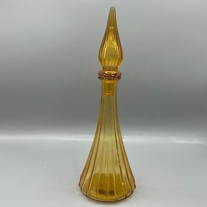 Amber Italian Blown Glass Bottle with Stopper, Mid Century Genie Bottle, Made in Italy