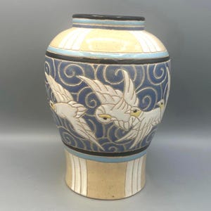 Large Birds in Flight Art Nouveau Style Vase, Blue and Cream Tones, Embossed Glossy and Matte Finish, Vintage
