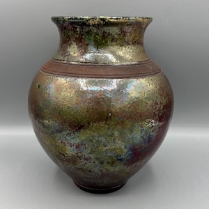 Raku Pottery Vase, Iridescent Studio Art Ceramic Vessel, Signed Sanders