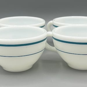 Set of 4 Turquoise Blue Stripe Milk Glass Corning Restaurantware Coffee Cups Vintage 1950s