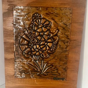 Floral Hammered Copper Over Wood Wall Hanging, Signed, Vintage Copper Mid Century Art