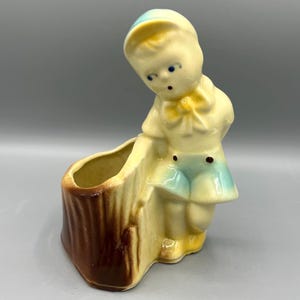 Vintage Shawnee Boy by Stump Planter, 1940s Ceramic Figurine Vase,  USA Pottery, Mid-Century Nursery Decor