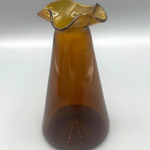 Vintage Amber Glass Vase, Ruffle Edge Blown Glass, Mid Century Decor